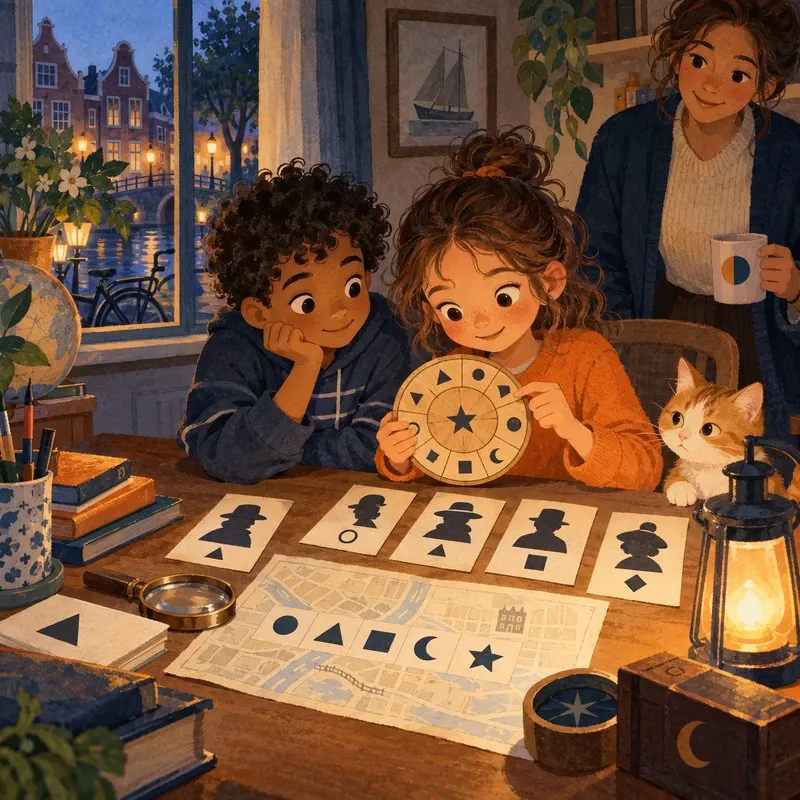 Twee kinderen ontcijferen bij lamplicht een geheime code, met verdachtenkaarten en een codeschijf op tafel