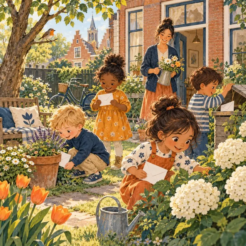 Kleuters zoeken in de tuin naar verstopte enveloppen voor een speurtocht