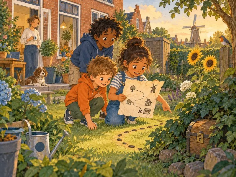 Kinderen volgen een getekende schatkaart door een Nederlandse tuin