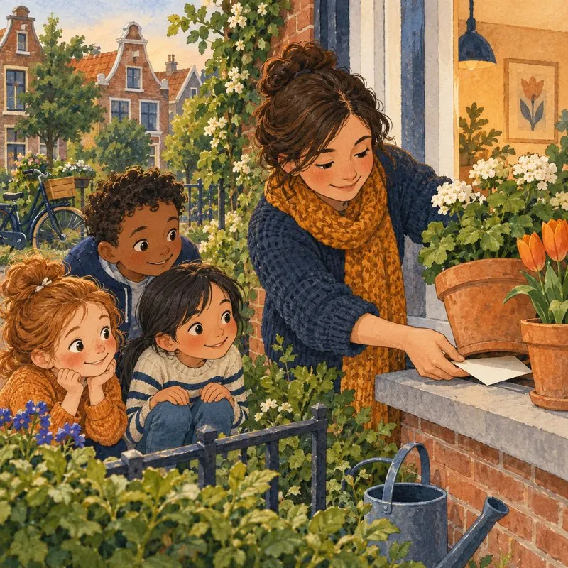 Een volwassene verstopt een envelop met een raadselkaart bij een bloempot