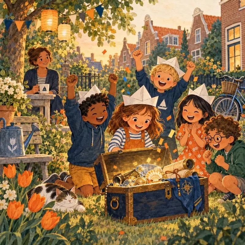 Juichende kinderen bij een geopende schatkist aan het einde van de speurtocht