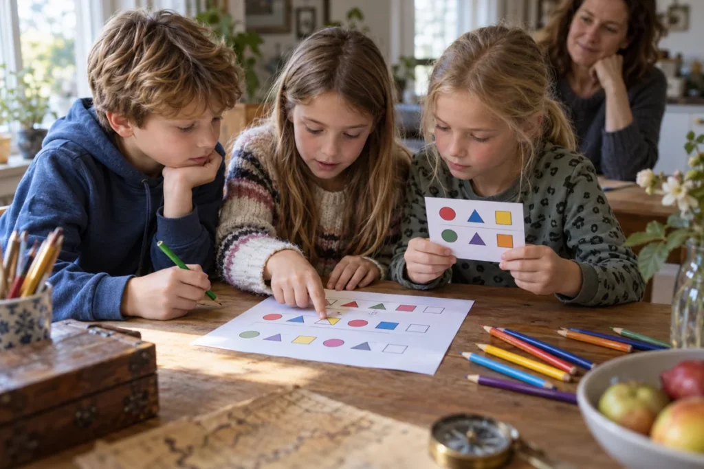 Kinderen vergelijken vormensymbolen om samen een code te ontcijferen