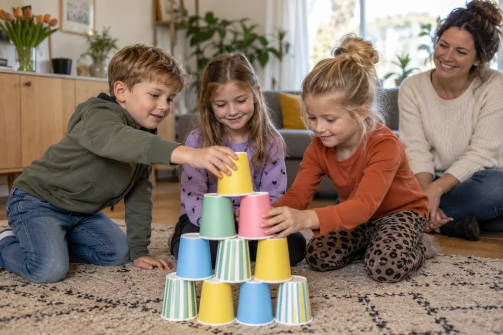 Kinderen bouwen samen een lage toren van gekleurde bekers