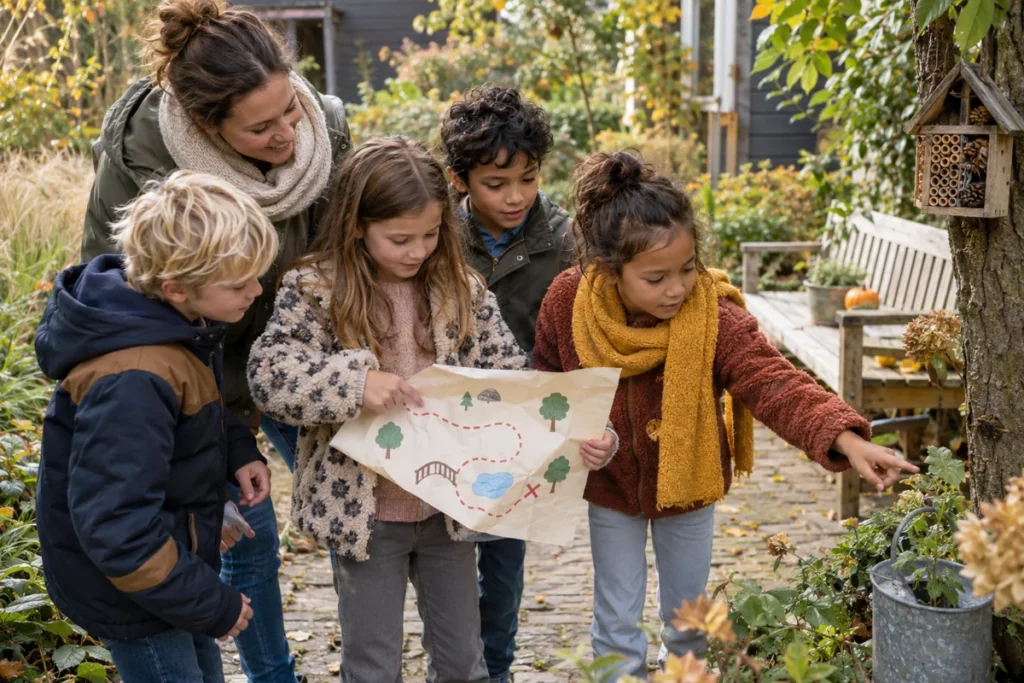 Kinderen bekijken samen een beeldkaart tijdens een speurtocht in de tuin