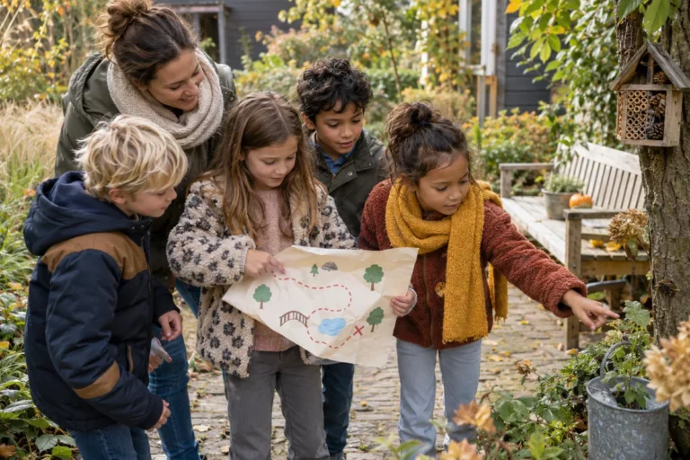 Kinderen bekijken samen een beeldkaart tijdens een speurtocht in de tuin