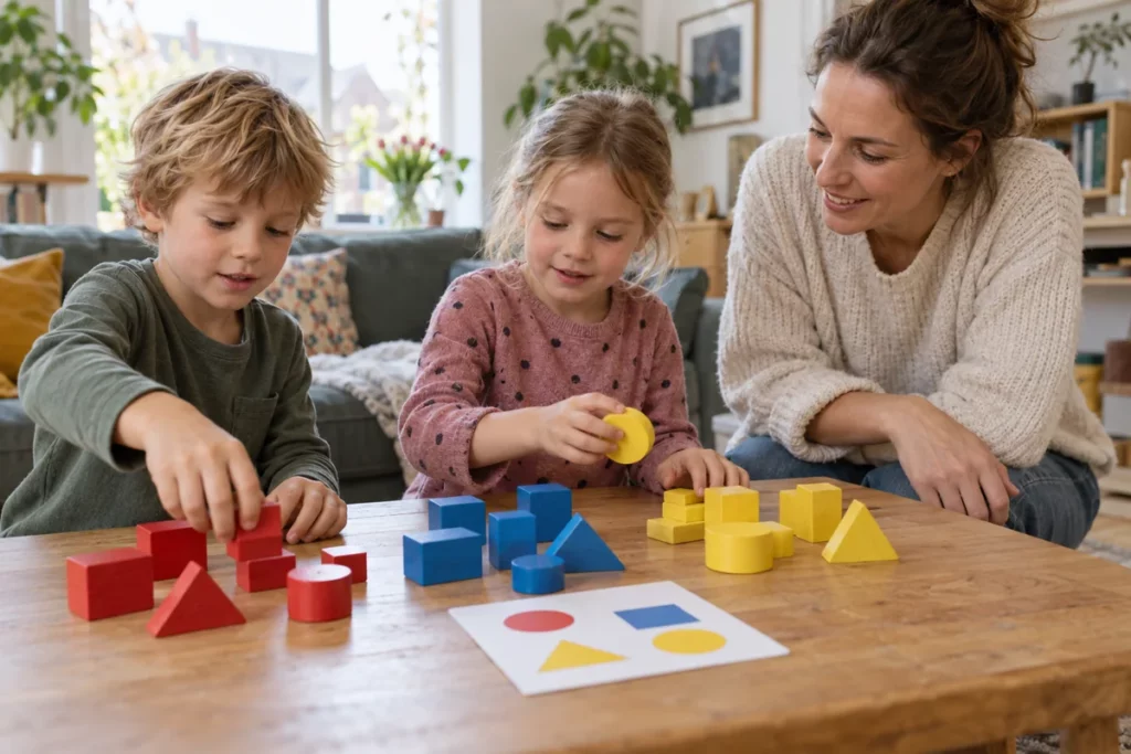 Kinderen sorteren gekleurde blokken op vorm aan een tafel
