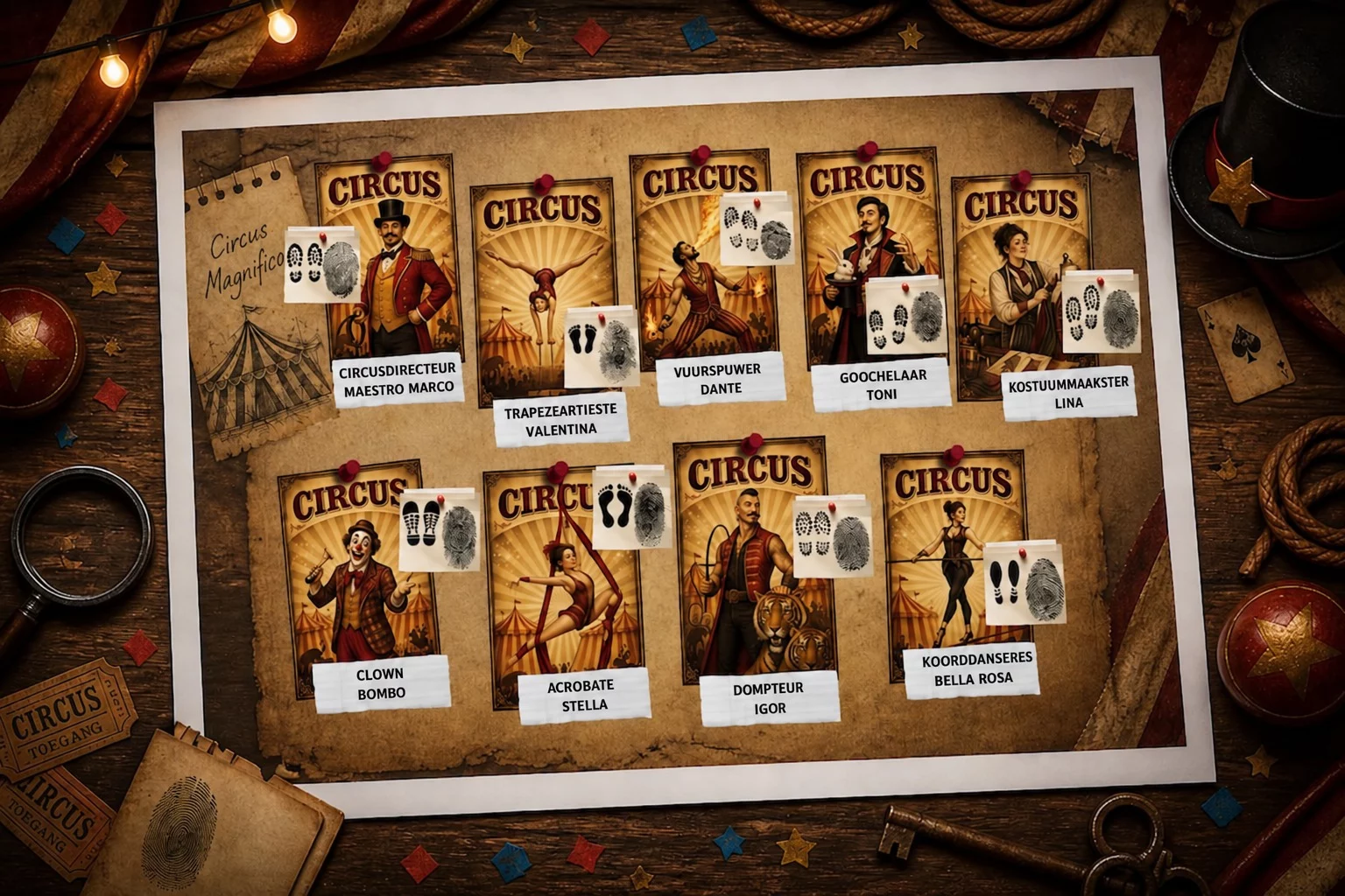 De negen verdachten met hun namen en rollen in Circus Magnifico