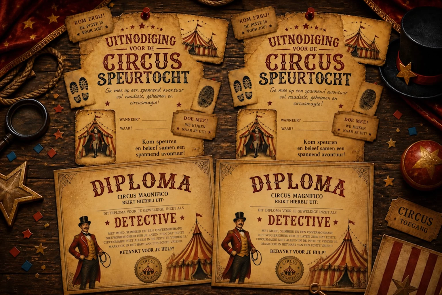 Nederlandstalige circusuitnodigingen en detectivediploma’s om zelf te printen