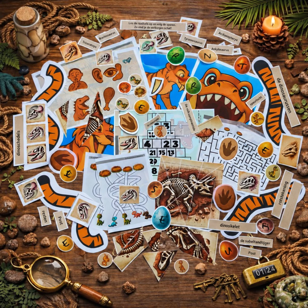 Dinoschedels, skelettpuzzels en ander spelmateriaal om uit te knippen